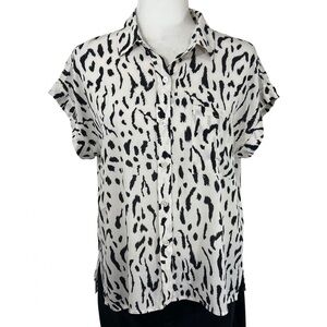 Rails Whitney Print Shirt Cheetah Blouse Short Sleeve Ivory Black M Medium